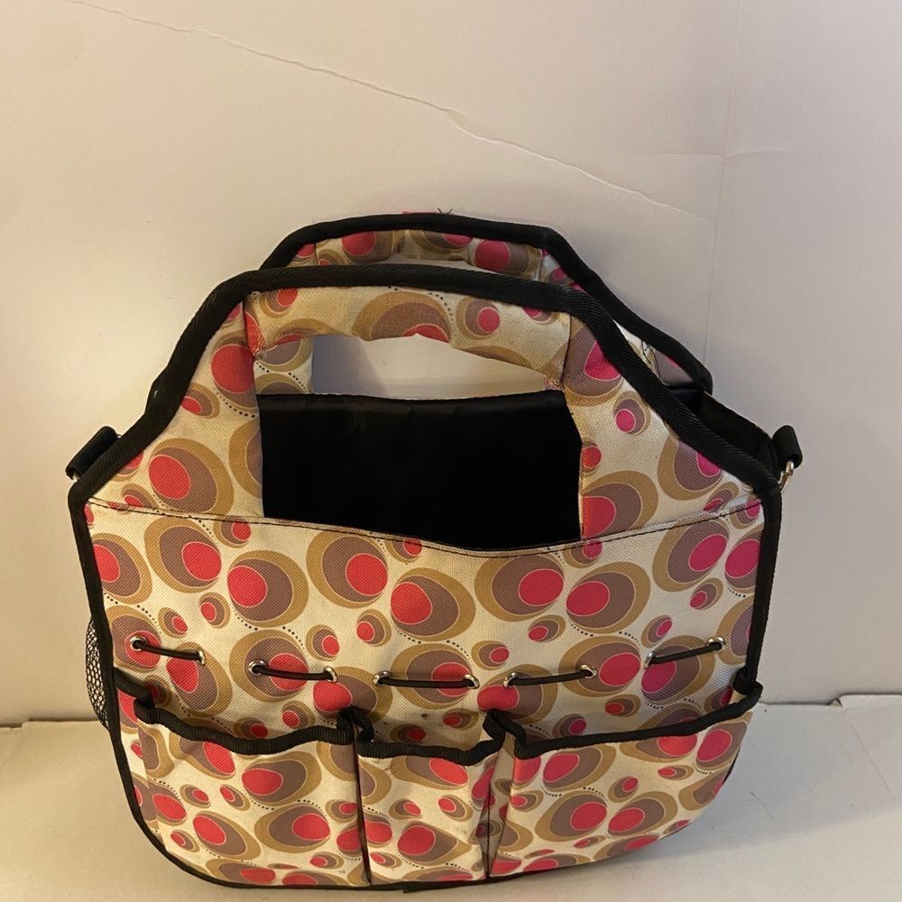 Clever organizer tote pink brown circles mesh side pockets